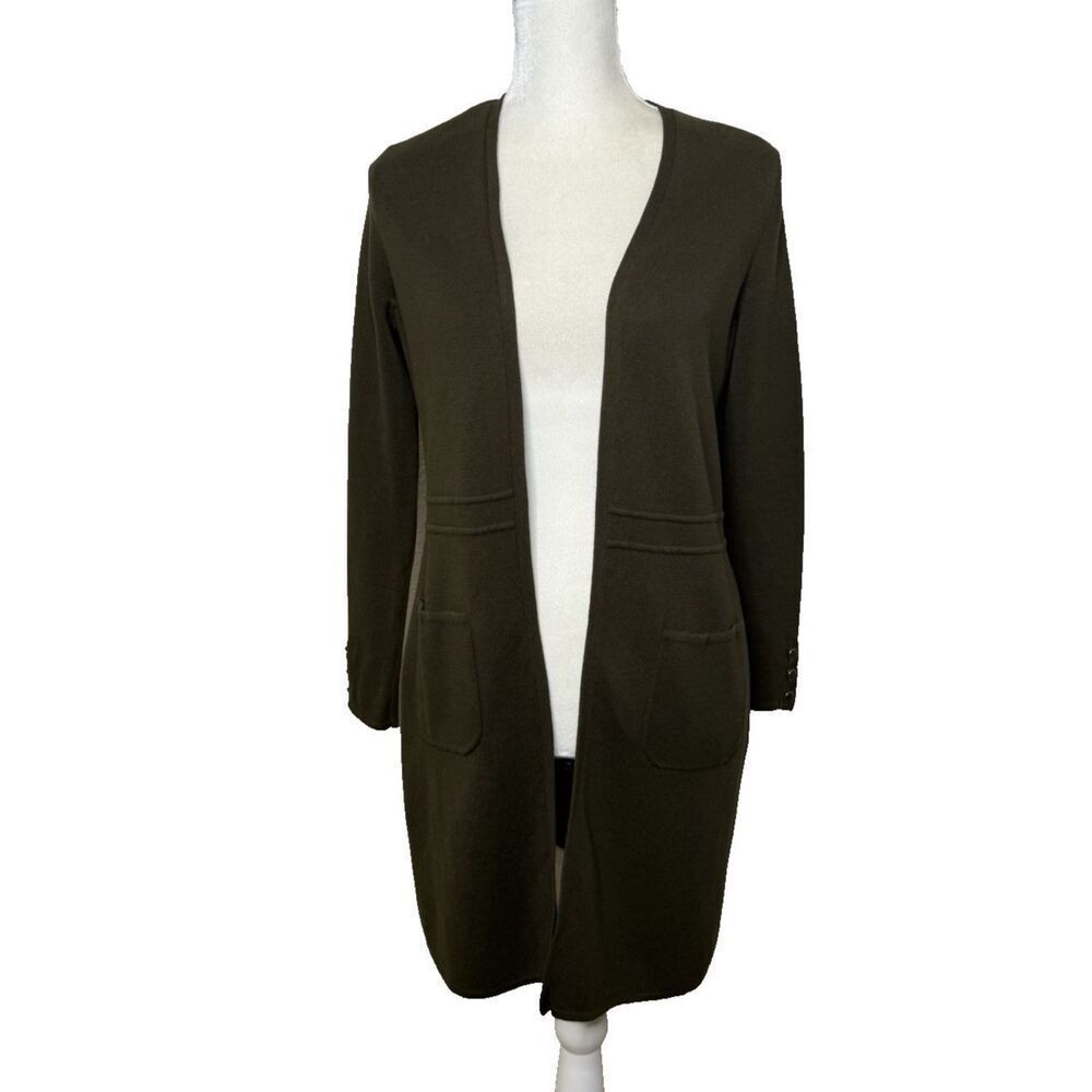 Talbots Long Open Cardigan Sweater Buttons Cuff  Olive Green Duster Size S Open
